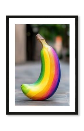 Rainbow-painted banana standing upright on a city sidewalk, AI