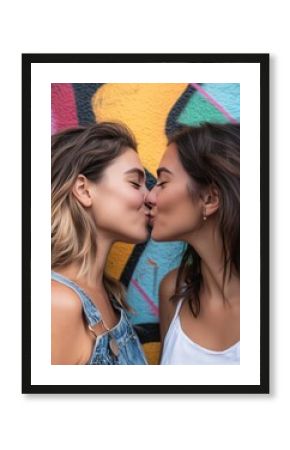 A close-up of a romantic kiss between two women against a colorful graffiti wall, expressing love, unity, and vibrant street art