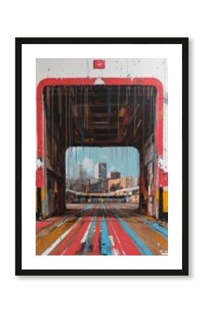 Urban Artistry: Tunnel Framed View of Cityscape with Colorful Street Lines and Skyscrapers - Dynamic Architectural Perspective and Vibrant Street Art Elements