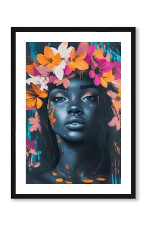 A Beautiful Black Woman With a Crown of Flowers in a Graffiti Line Draft Style