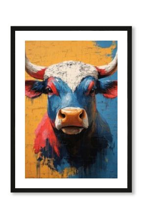 A striking graffiti mural featuring the iconic bull of Wall Street, spray painted on brick wall with vibrant colors and intricate details that capture the spirit of the financial world 