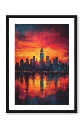 A striking graffiti mural depicting the iconic skyline of New York City, spray painted on a brick wall with bold, vibrant colors