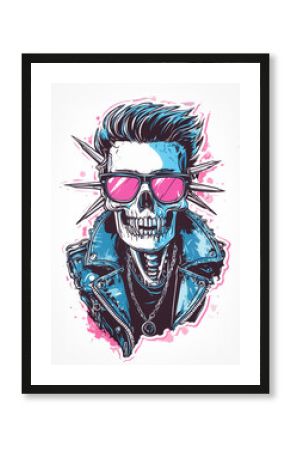 A fierce punk skull with a leather jacket, exaggerated spiked hair, and hot pink sunglasses, detailed in comic-style ink strokes with vibrant color splashes for a street-art feel.