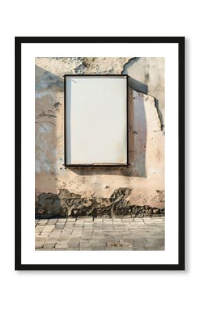 Urban Alleyway Poster Display A blank white poster in a black metal frame mounted on a wall in a quiet urban alleyway.