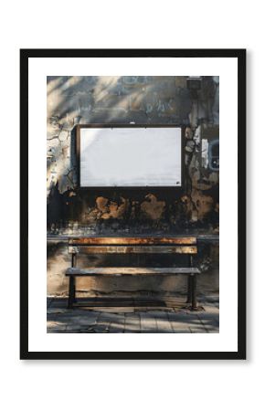 Urban Alleyway Poster Display A blank white poster in a black metal frame mounted on a wall in a quiet urban alleyway.