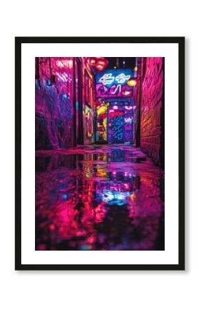 Neon-lit alleyway reflection, urban night scene