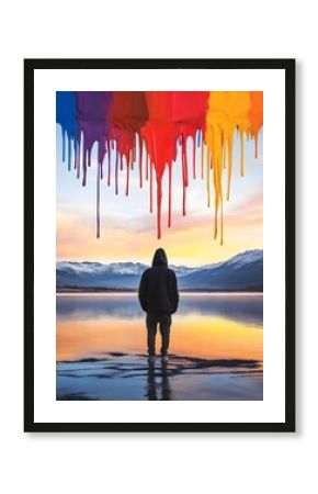 Mysterious hooded figure standing in front of a wall dripping with vibrant rainbow colors. A surreal and abstract urban art concept of creativity, self-expression, and rebellion. 