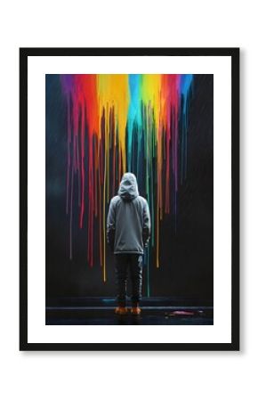Mysterious hooded figure standing in front of a wall dripping with vibrant rainbow colors. A surreal and abstract urban art concept of creativity, self-expression, and rebellion. 