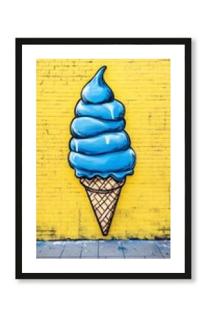 Vibrant blue soft serve ice cream mural painted on a bright yellow brick wall, creating a playful and eye-catching street art installation with bold graphic style and crisp lines