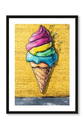 Vibrant street art mural of a whimsical, oversized ice cream cone with colorful swirled scoops melting against a bright yellow brick wall, creating a playful urban art experience
