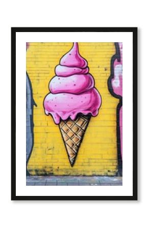 Vibrant street art mural of a pink swirled ice cream cone with dripping texture, painted on a bright yellow brick wall, creating a playful and eye-catching urban art piece