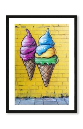 Vibrant street art mural of two colorful ice cream cones painted on a bright yellow brick wall, showcasing whimsical urban creativity and summer-inspired street art design