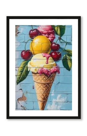 Vibrant street art mural of a melting ice cream cone with yellow and pink scoops, adorned with ripe cherries and green leaves against a weathered blue brick wall backdrop