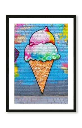 Vibrant street art mural of a colorful ice cream cone painted on a brick wall, featuring rainbow-hued scoops and a textured waffle cone against a multicolored urban background