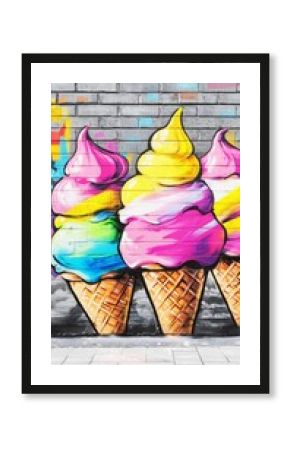 Vibrant street art mural featuring colorful swirled ice cream cones painted on a weathered brick wall with playful graffiti-style urban art background