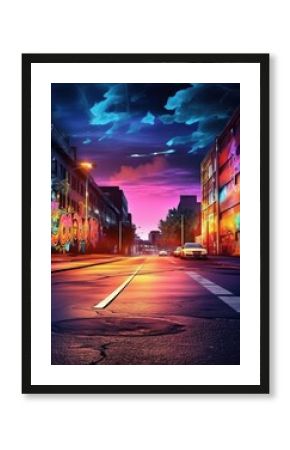 Modern night city with colorful 3D graffiti in street, illustration. Generative Ai.