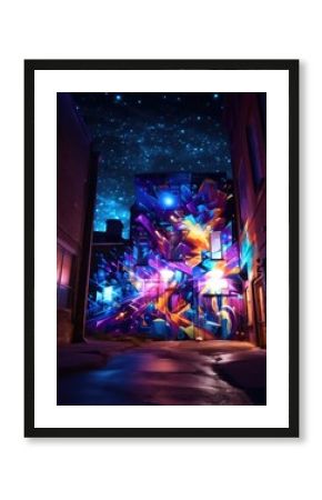 Modern night city with colorful 3D graffiti in street, illustration. Generative Ai.