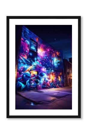Modern night city with colorful 3D graffiti in street, illustration. Generative Ai.