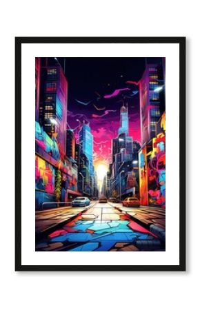 Modern night city with colorful 3D graffiti in street, illustration. Generative Ai.