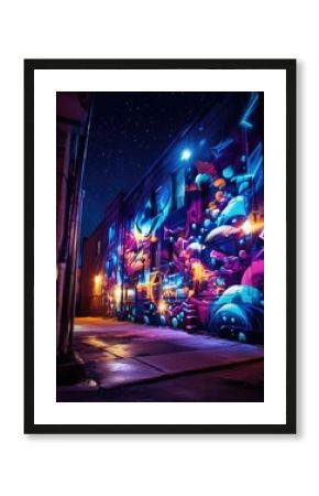 Modern night city with colorful 3D graffiti in street, illustration. Generative Ai.