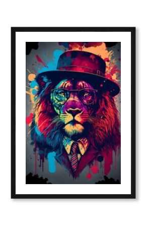 Stylized Lion with Hat and Glasses Colorful Illustration
