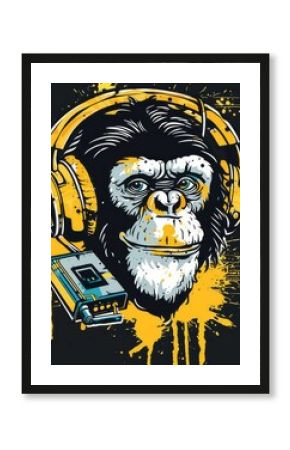 an edgy, stylized monkey with headphones, incorporating a bold street-art aesthetic