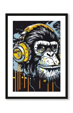 an edgy, stylized monkey with headphones, incorporating a bold street-art aesthetic