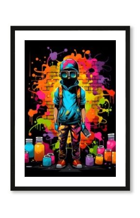 Stylish Graffiti Spraying Colorful Art on Brick Wall in Psychedelic Style