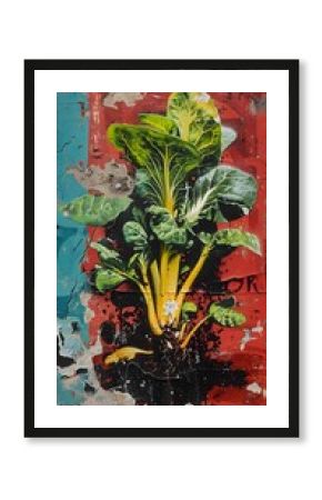 Vibrant Graffiti of Bok Choy Sprouting from Adrenal Gland on Grungy Urban Wall
