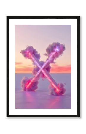 Neon X-Shaped Clouds Against Dramatic Dawn Sky in 3D Rendered Graffiti-Style Artwork