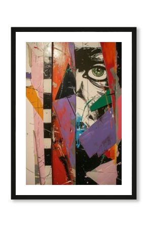 Abstract collage with vibrant colors and a green eye, featuring fragmented geometric shapes
