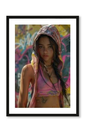 Urban Style Fashion Model Posing Against Graffiti Wall