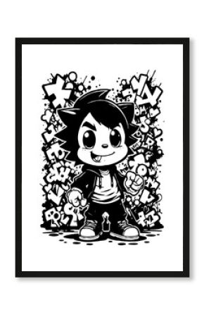Cartoon black and white graffiti. Pattern for T-shirts, posters. Generated by Ai