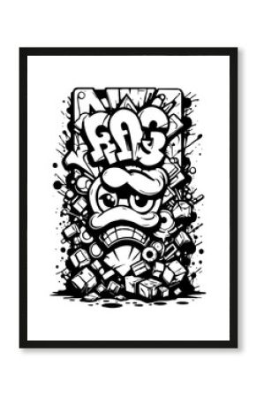 Cartoon black and white graffiti. Pattern for T-shirts, posters. Generated by Ai