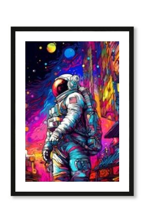 Futuristic Urban Astronaut: AI-Generated Animation of Whimsical Space Explorer in Vibrant Cityscape. Colorful Abstract Background Merging Sci-Fi and Street Art for Creative Marketing and Web Design In