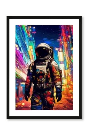 Futuristic Urban Astronaut: AI-Generated Animation of Whimsical Space Explorer in Vibrant Cityscape. Colorful Abstract Background Merging Sci-Fi and Street Art for Creative Marketing and Web Design In