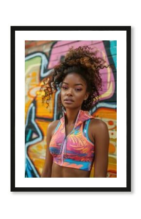 Vibrant Urban Fashion: Young Woman Against Graffiti Wall