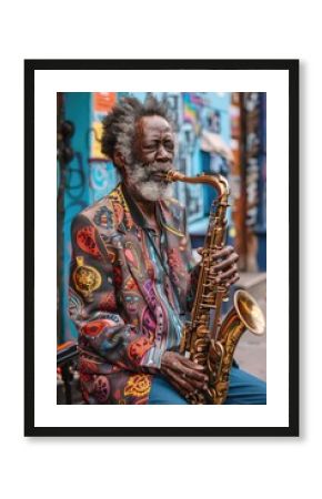 Elderly Musician Playing Saxophone on a Vivid Street with Colorful Graffiti