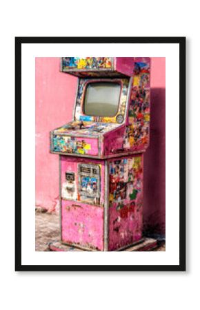 Colorful Vintage Arcade Game Machine, Urban Street, Gaming, Nostalgia, Retro Environment, Close-Up View