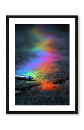 Rainbow chalk trail on dark pavement