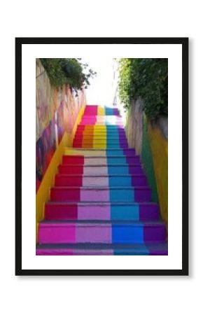 Vibrant urban staircase painted in a rainbow of colors, climbing between green-lined walls, transforming a mundane city pathway into a stunning visual art installation