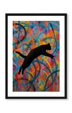 Energetic black cat silhouette jumping against a colorful urban graffiti wall.