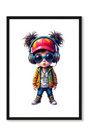 Cool, urban-style chibi girl with pigtails, headphones, and sunglasses, captured in a fun, vibrant, and energetic street-art illustration style.