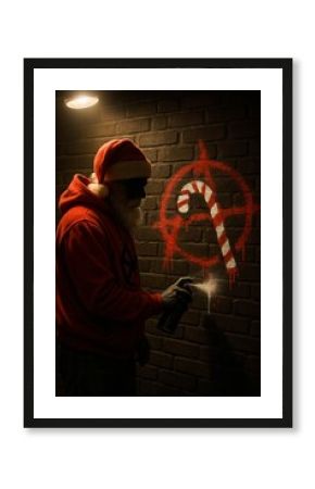 A rebellious Santa Claus in a hoodie spray-painting an anarchy symbol with a candy cane on a brick wall.