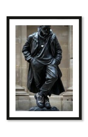 Black statue of man in leather jacket.