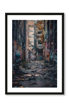Urban Alleyway with Vibrant Graffiti and Debris