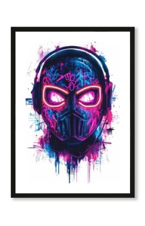 Striking neon lit cyberpunk style mask design with bold graffiti elements intense colors and a powerful edgy aesthetic   perfect for t shirt apparel or digital art projects