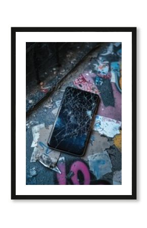 Zerbrochenes Smartphone auf einem urbanen Graffiti-Hintergrund