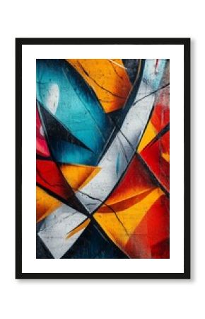Vibrant abstract graffiti art on urban wall: dynamic composition of intersecting shapes in bold turquoise, orange, red, and white, creating a striking geometric pattern.