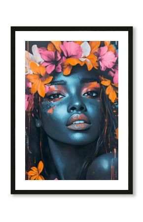A Beautiful Black Woman With a Crown of Flowers in a Graffiti Line Draft Style